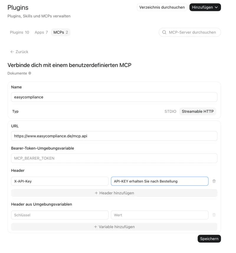 Einrichtung des MCP-Servers für die Sanktionslistenprüfung in ChatGPT: Connector-Maske mit URL und X-API-Key-Header