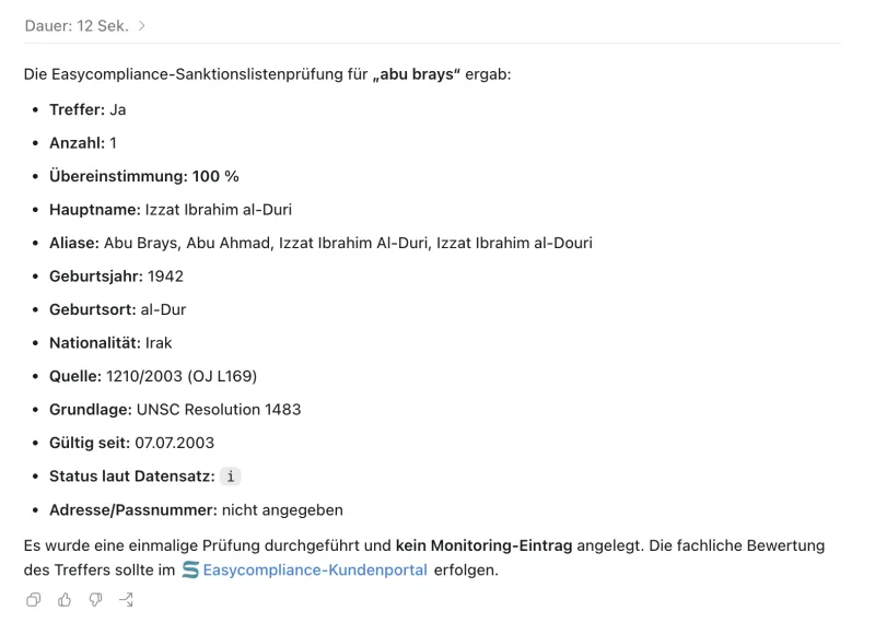 Beispielausgabe einer Sanktionslistenprüfung von ChatGPT: strukturiertes Prüfergebnis mit Trefferdaten und prozentualer Übereinstimmung