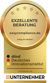 Siegel „Exzellente Beratung“ – easycompliance.de, ausgezeichnet vom Deutschen Innovationsinstitut für Nachhaltigkeit und Digitalisierung (diind), gültig bis 09/2027